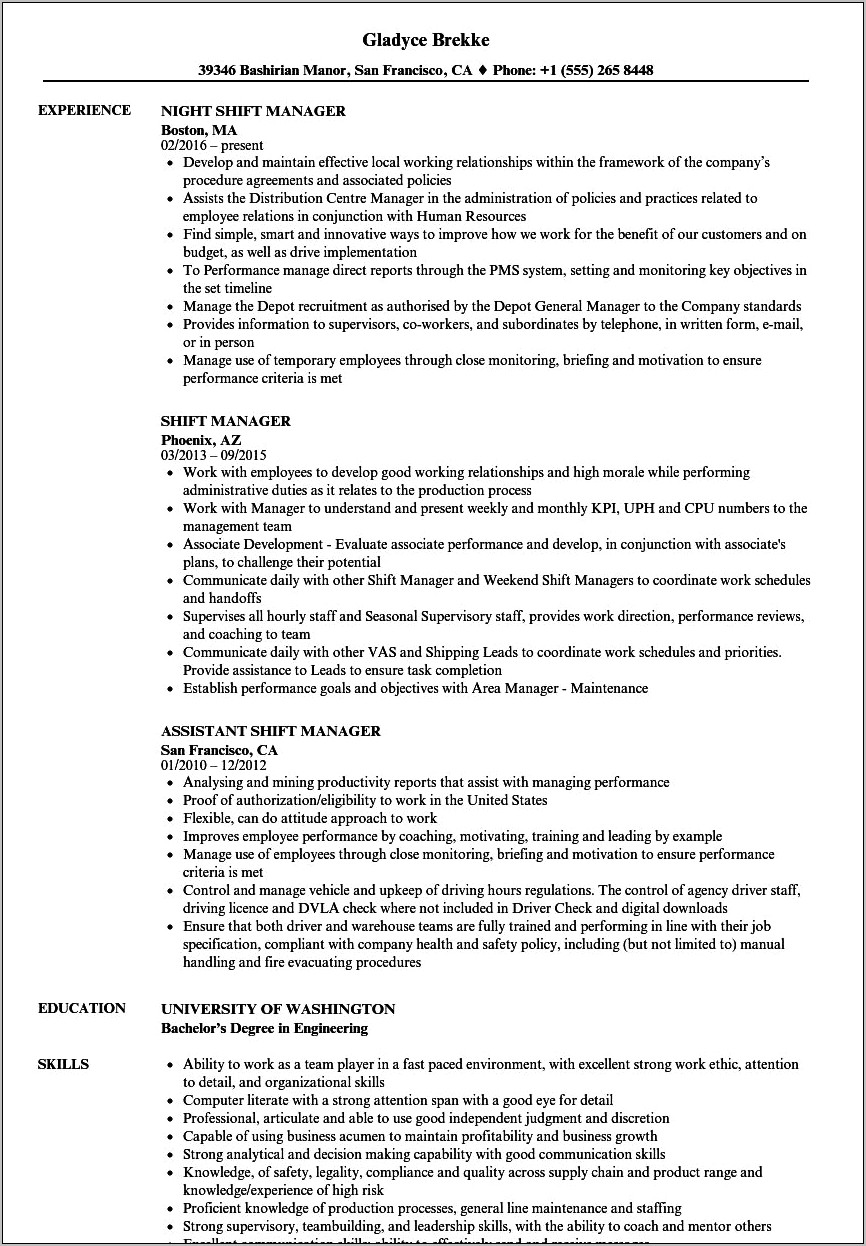 Mcdonalds Shift Manager Job Description Resume