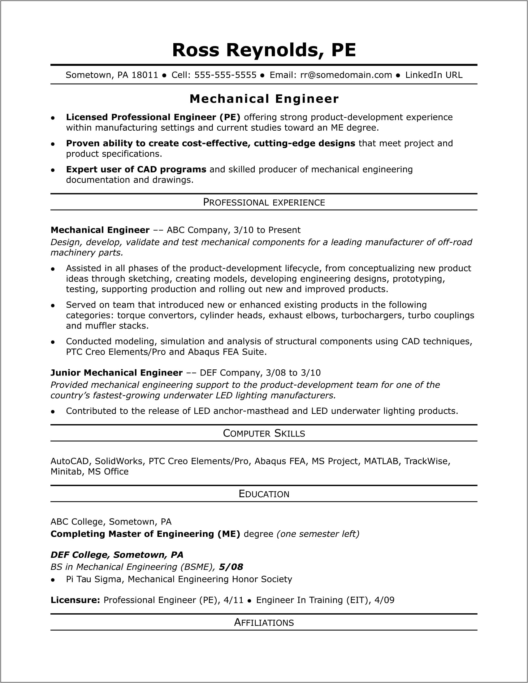 Mechanical Engineer Entry Level Resume Samples
