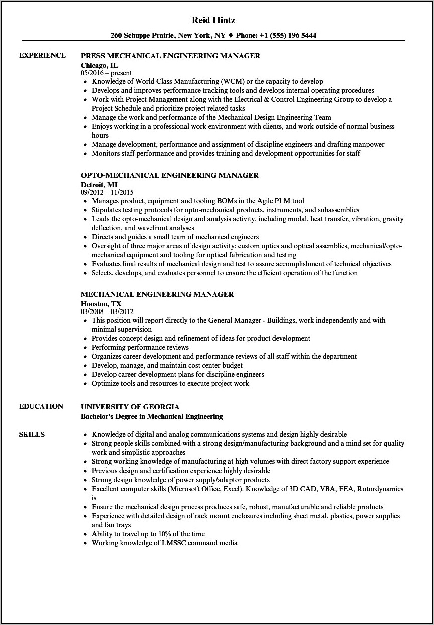 Mechanical Engineer Over Seas Manufacturer Resume Example