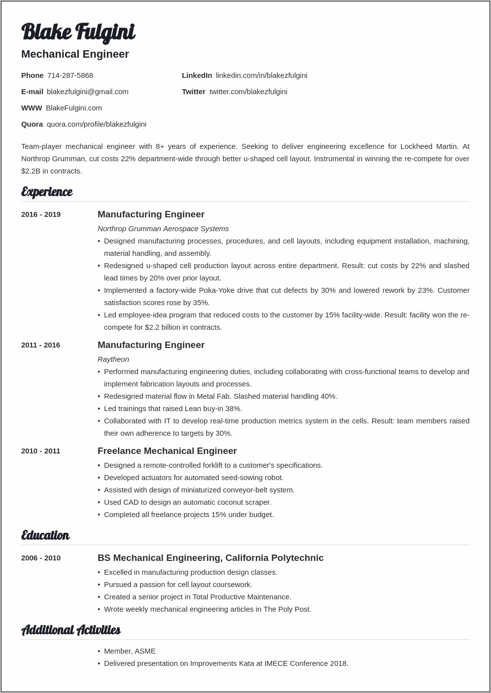 Mechanical Engineering Skills List For Resume