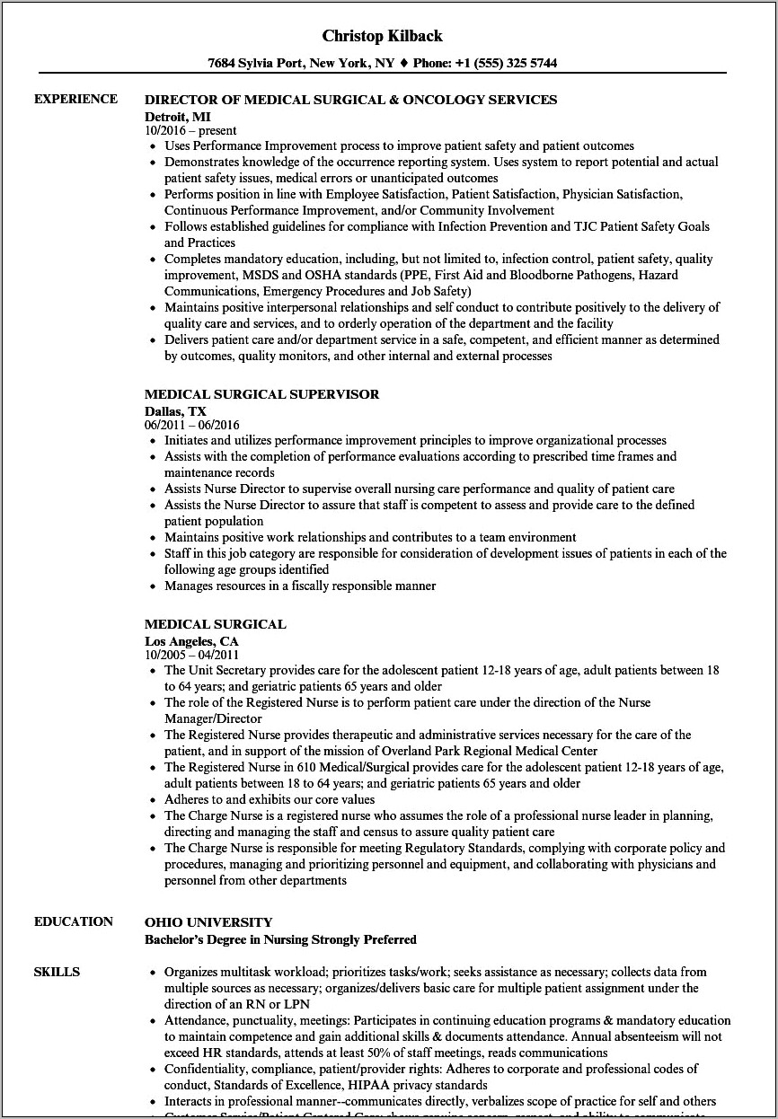 Med Surg Nurse Description Key Responsibilities Resume