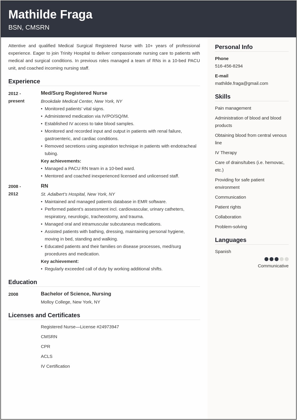 Med Surg Nursing Job Duties For Resume