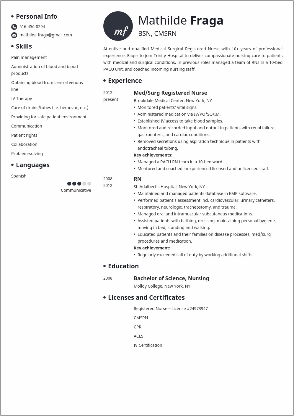 Med Surg Resume Sample And Responsibilities
