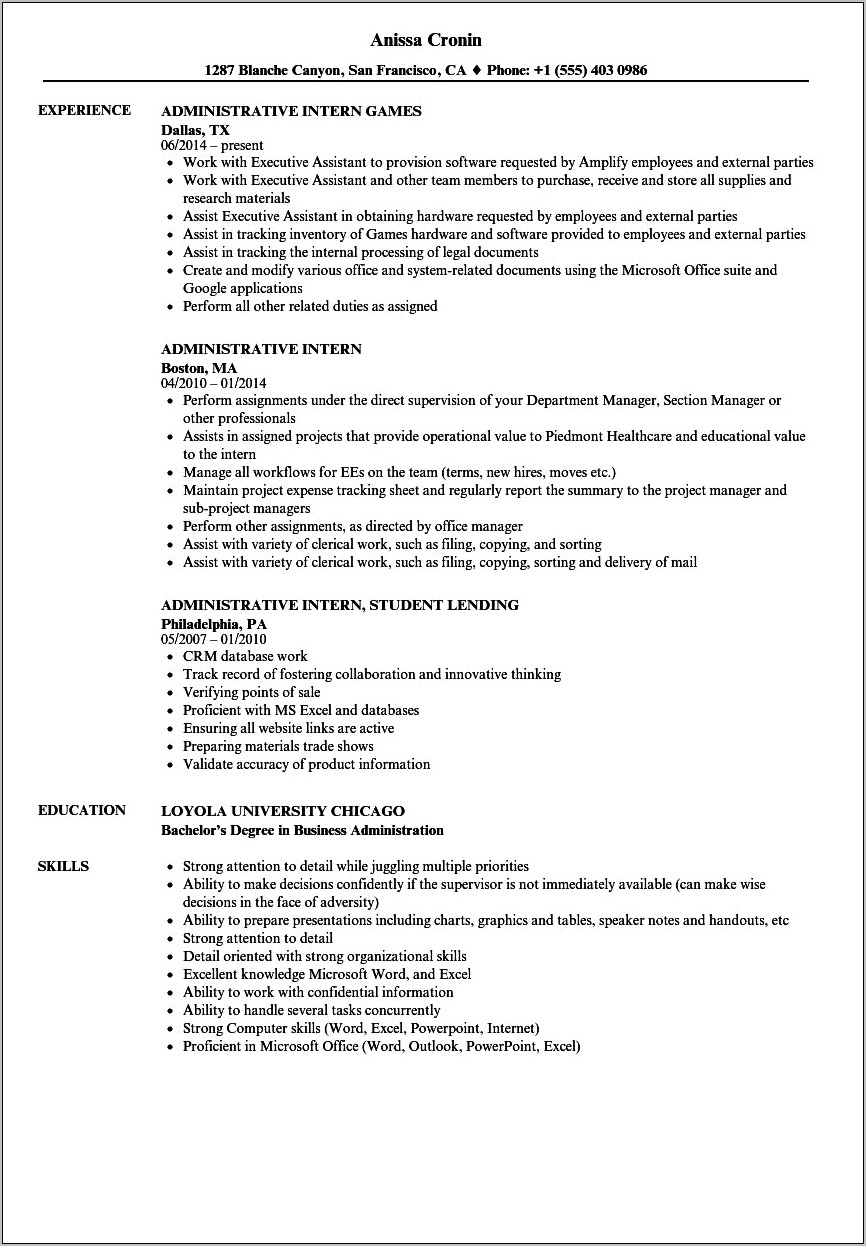 Medical Administrative Assistant Resume With Internship Experience Resume