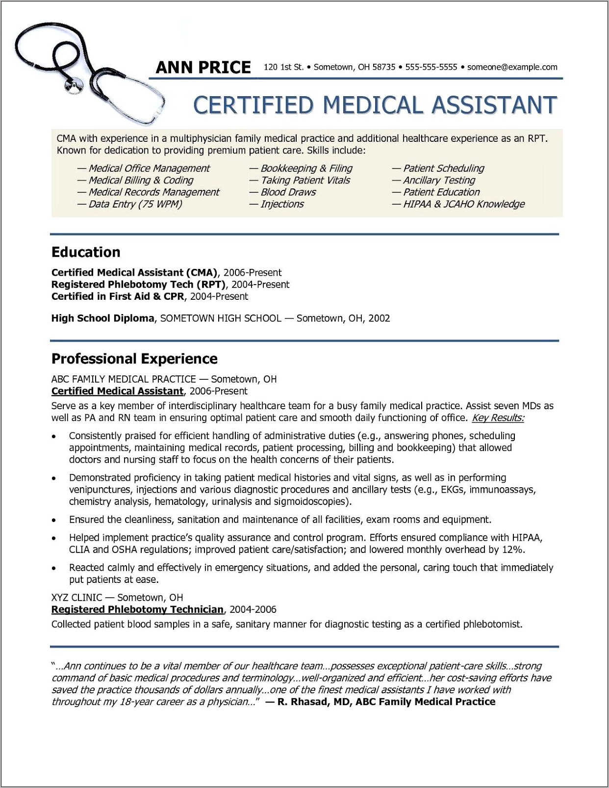 Medical Assistant Entry Level Description For Resume