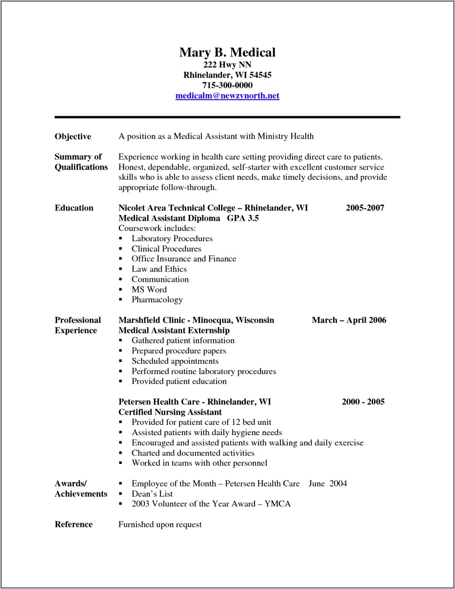 Medical Assistant Example Resume With No Experience