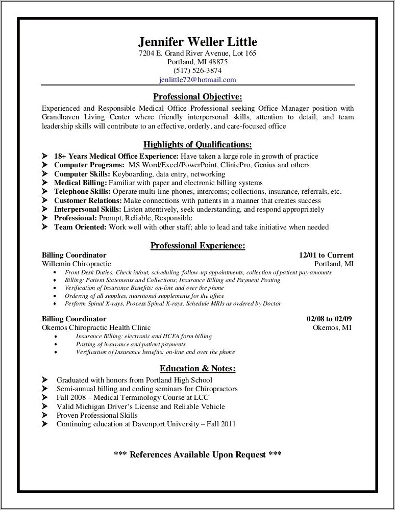 Medical Assistant Job Description Resume For Chiropractic Office