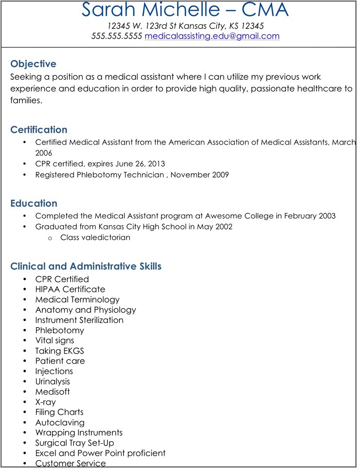 Medical Assistant Resume Examples With Experience