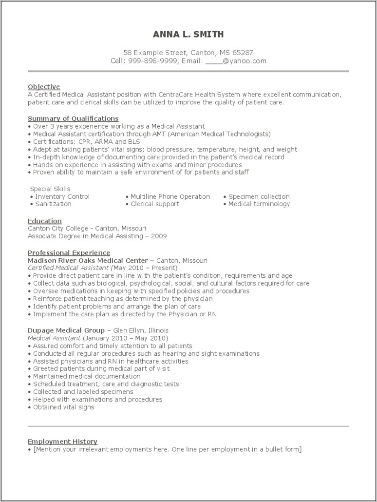 Medical Assistant Resume With Little Experience