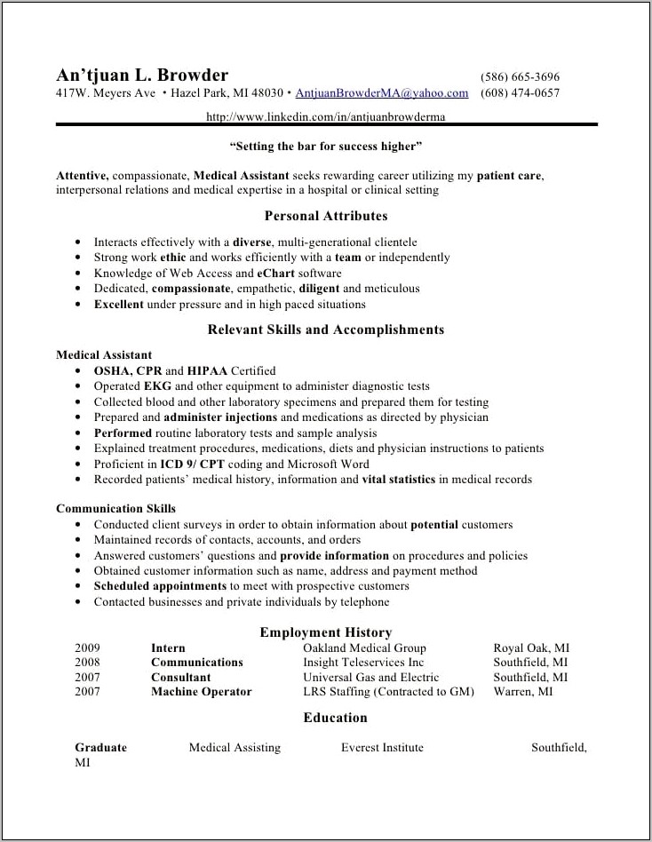 Medical Assistant School Description For Resume
