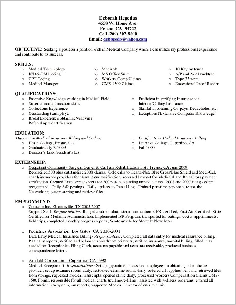 Medical Billing And Coding Resume Objective