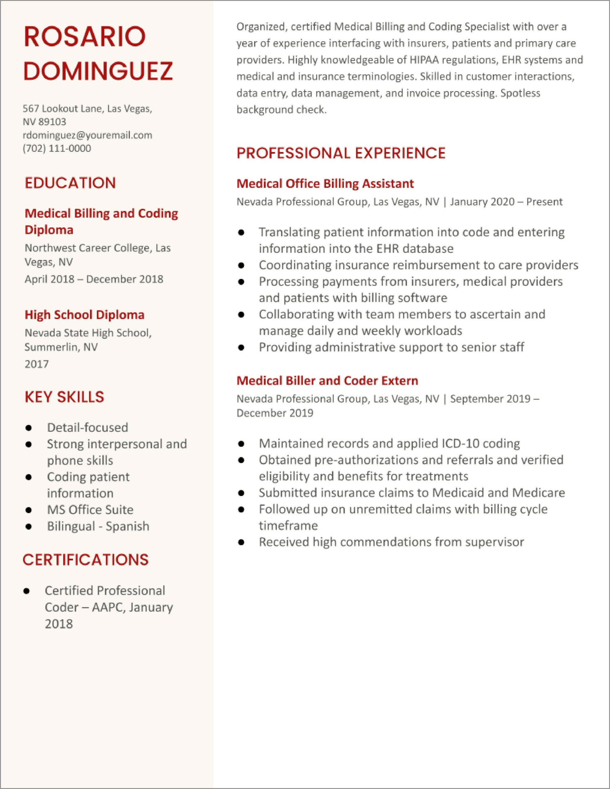 Medical Billing And Coding Resume Templates 2 Pages