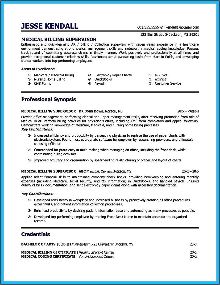 Medical Billing And Coding Specialist Sample Resume