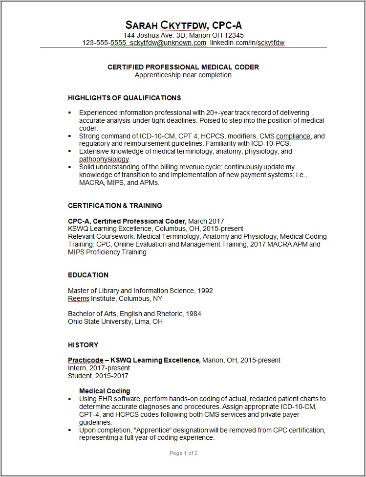 Medical Coder Resume And Cover Letter
