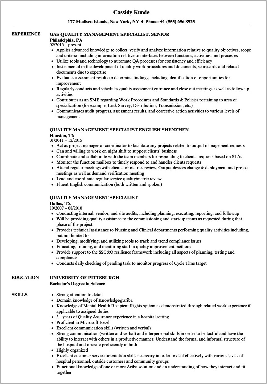 Medical Device Quality Assurance Specialist Resume Sample