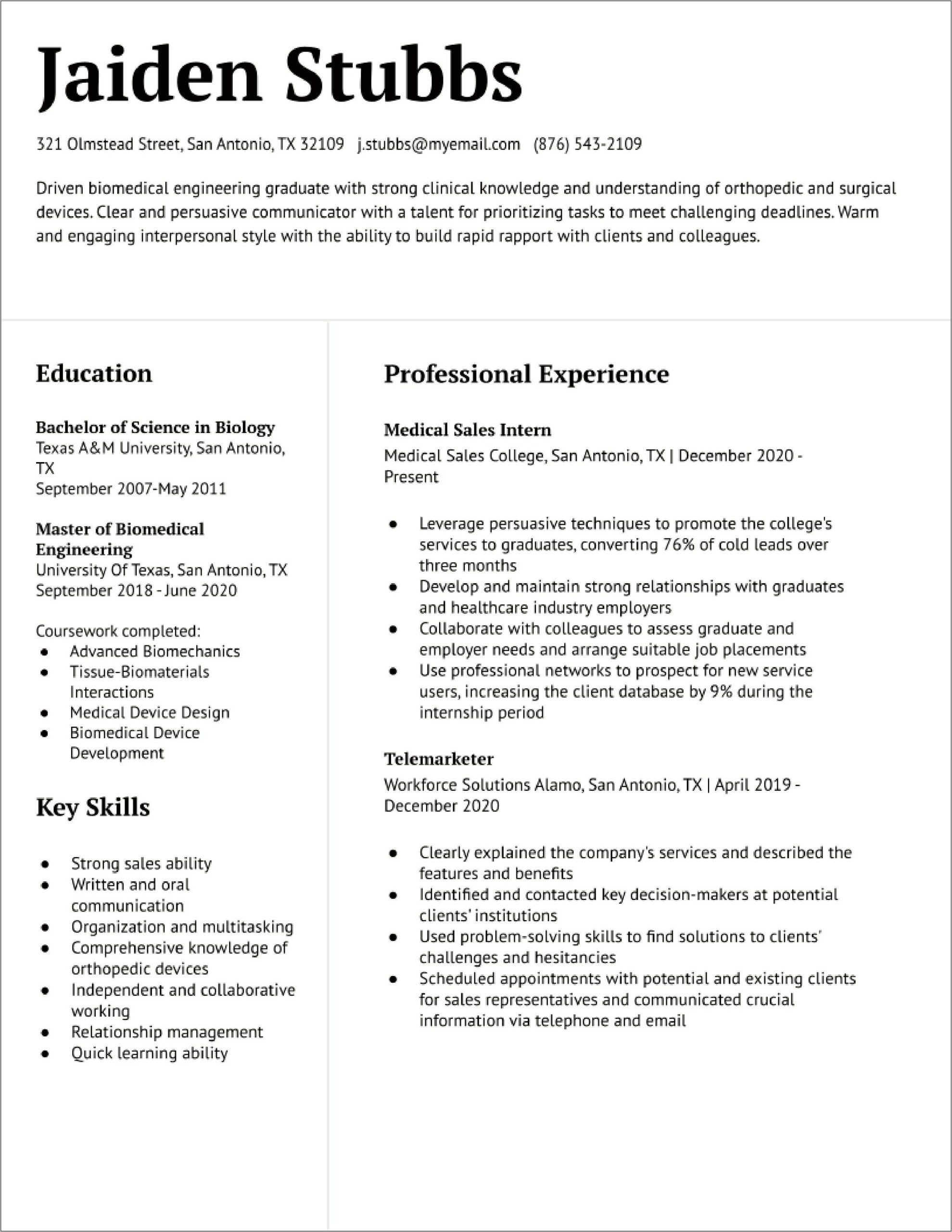 Medical Device Sales College Student Resume Examples 2018