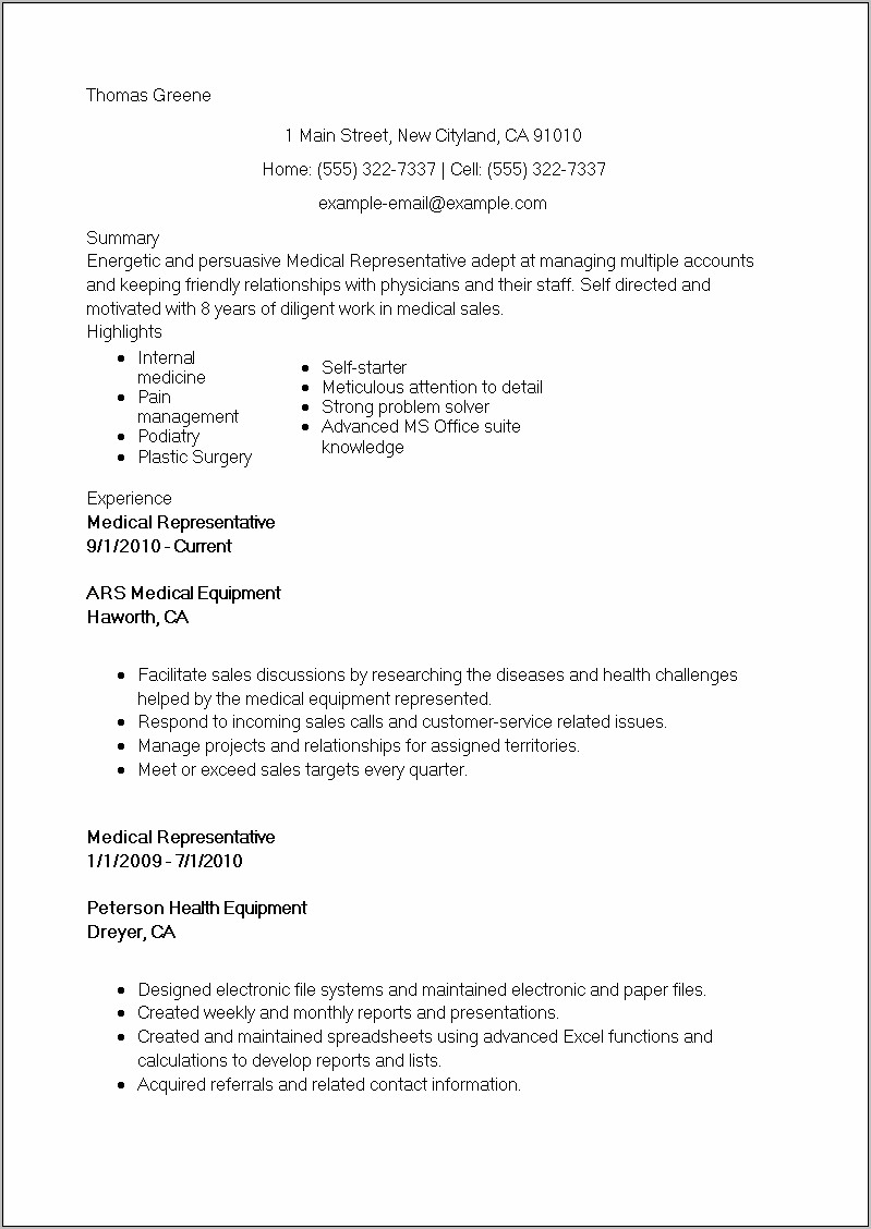 Medical Device Sales Rep Resume Examples