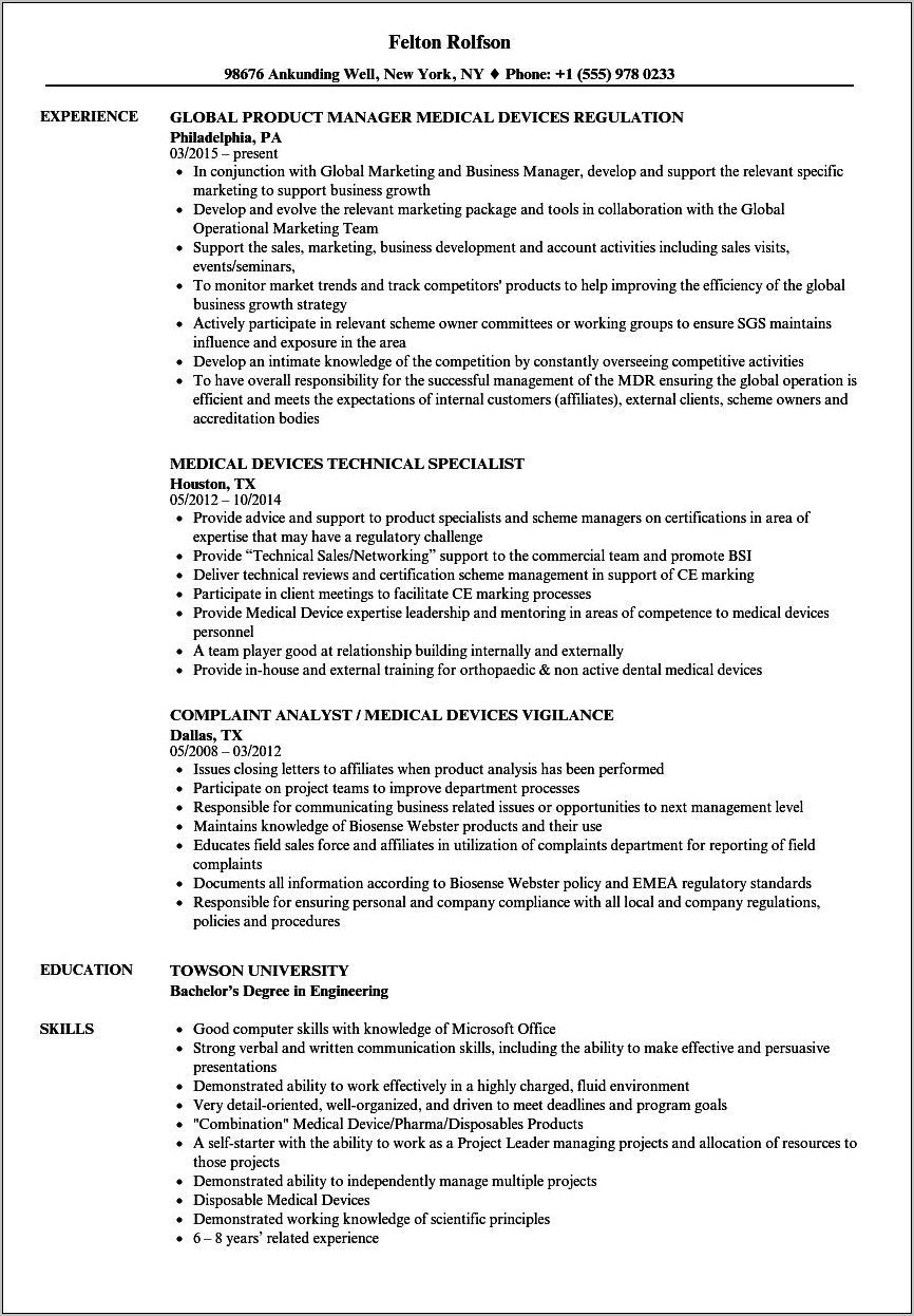 Medical Device Sales Rep Resume Objective