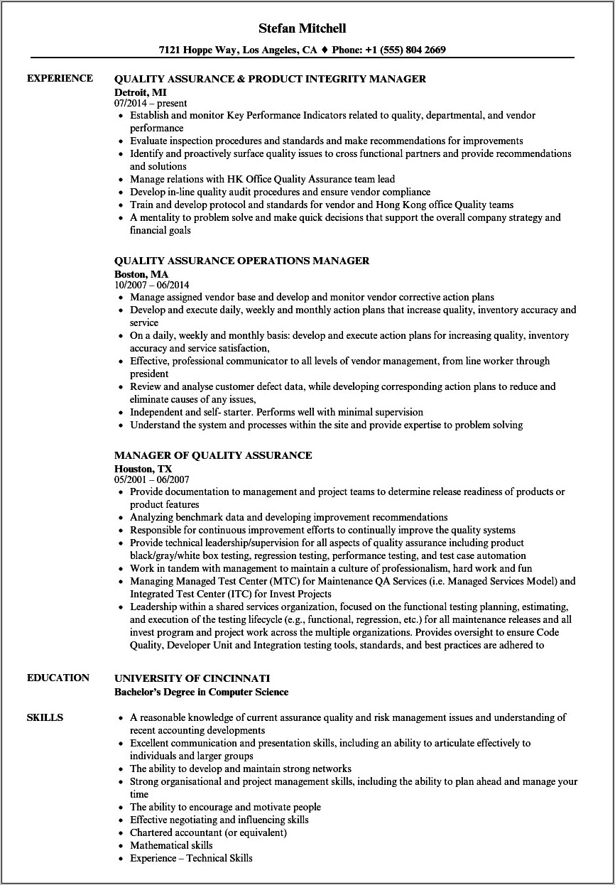 Medical Devices Quality Manager Resume