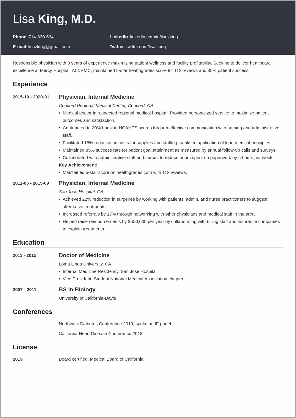 Medical Doctor Resume Examples United States