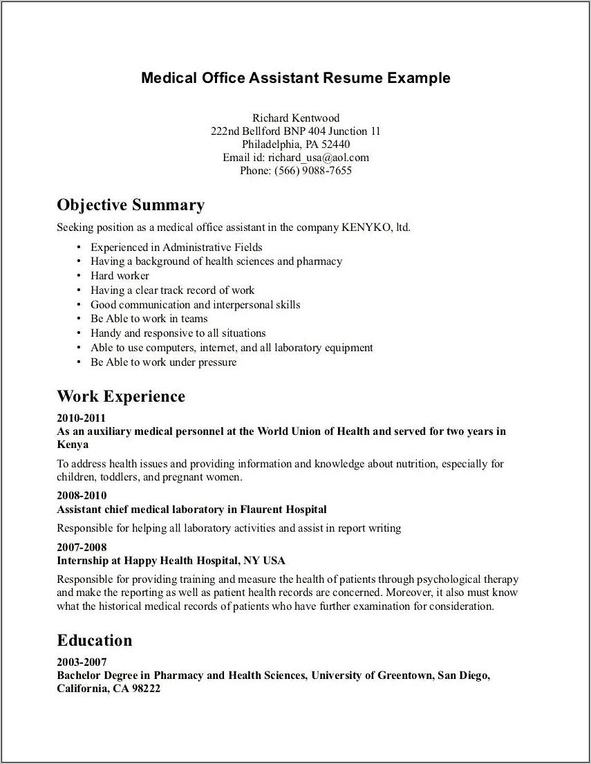 Medical Field Resume Objective Examples