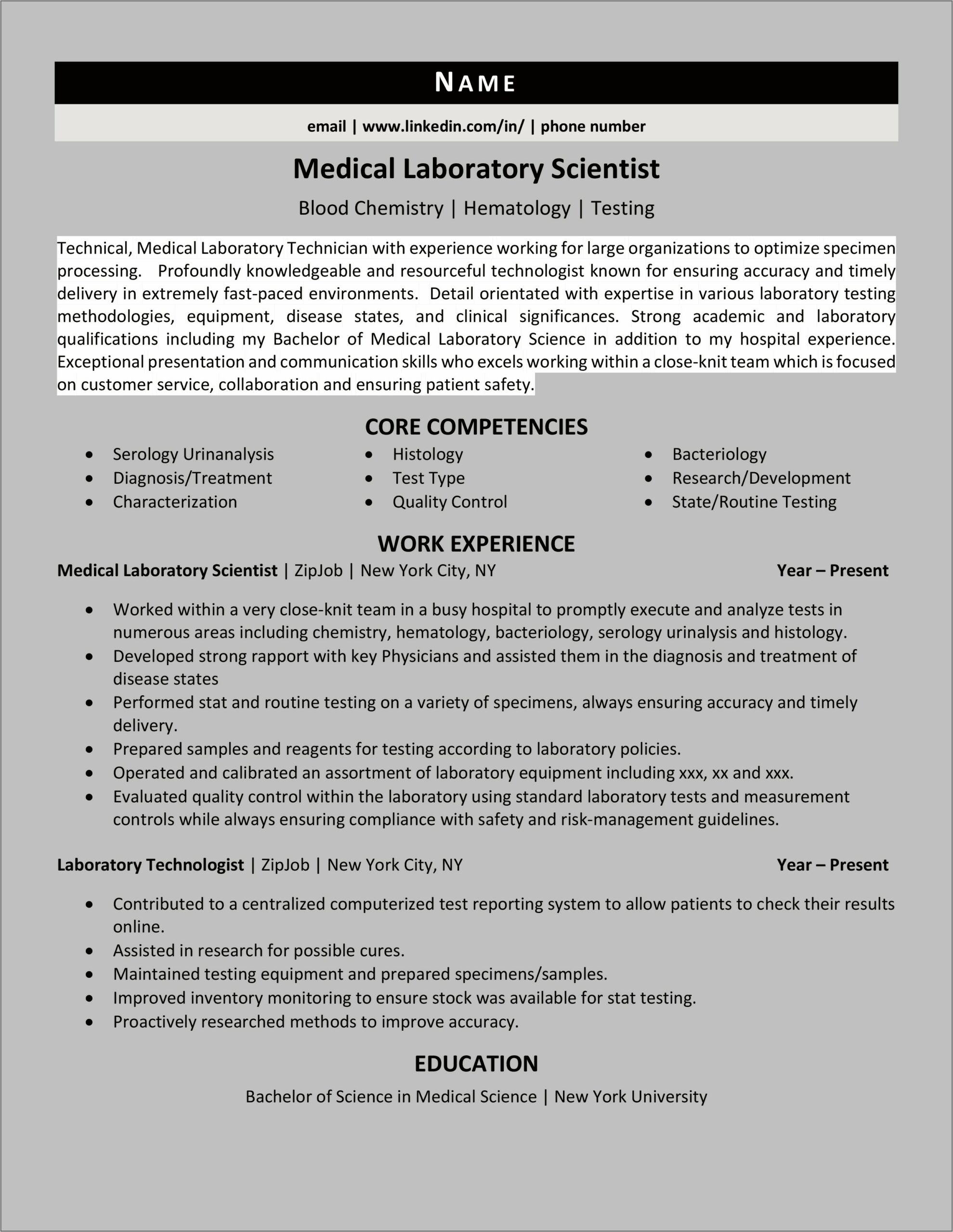 Medical Lab Technician Resume No Experience