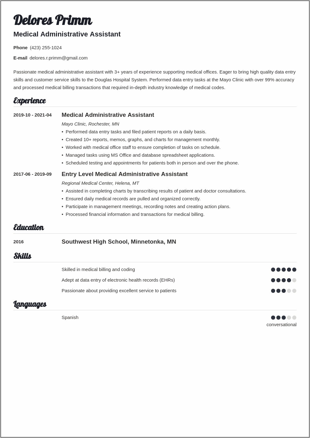 Medical Office Administrative Assistant Resume Sample