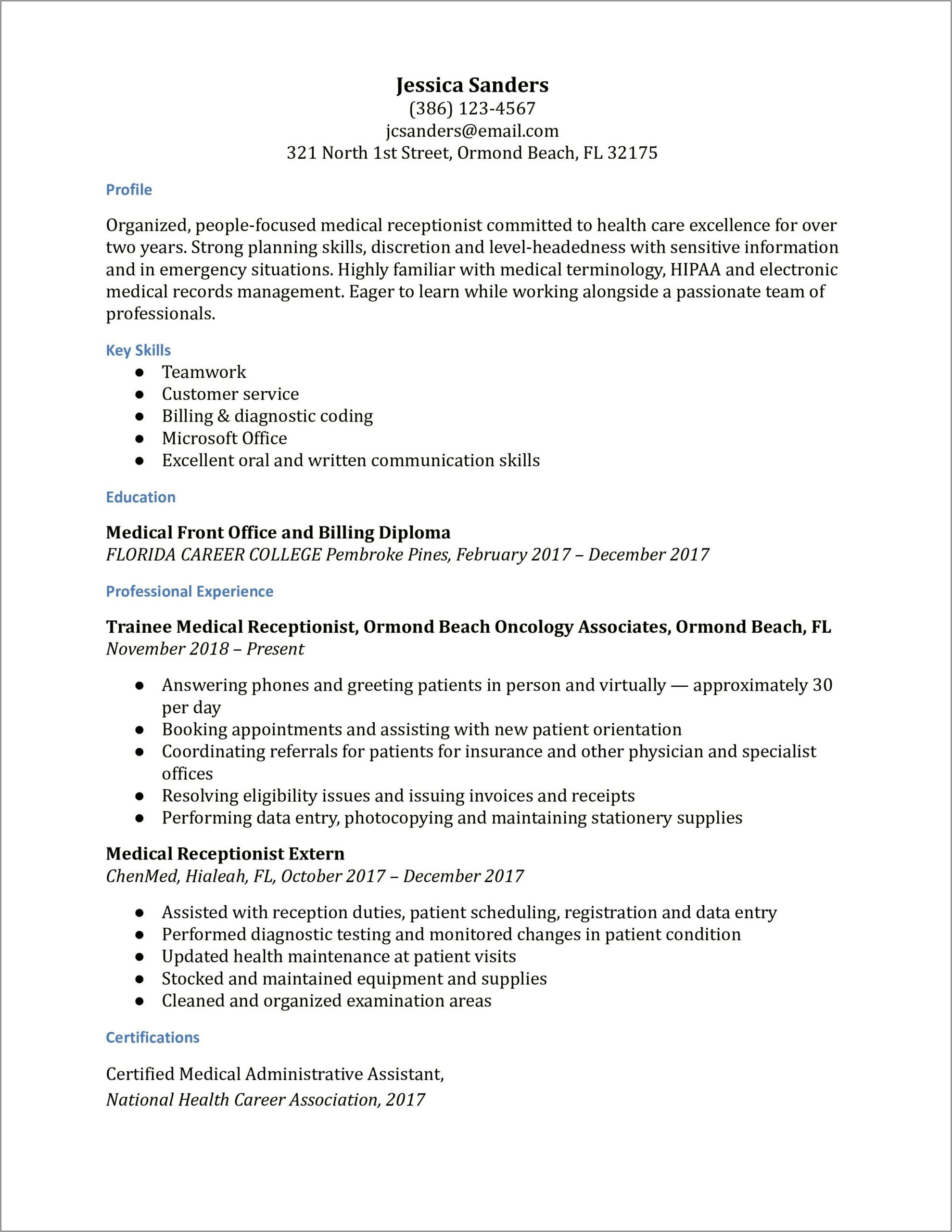 Medical Office Receptionist Resume Template 2019