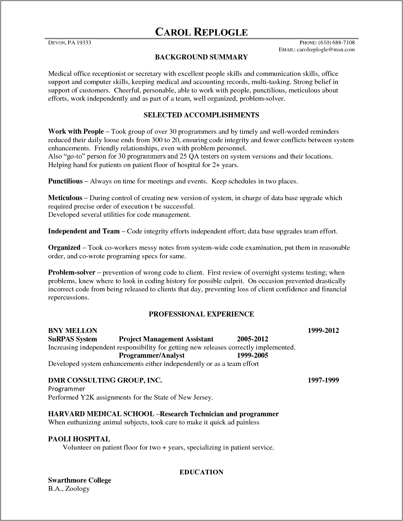 Medical Receptionist Summary For A Resume