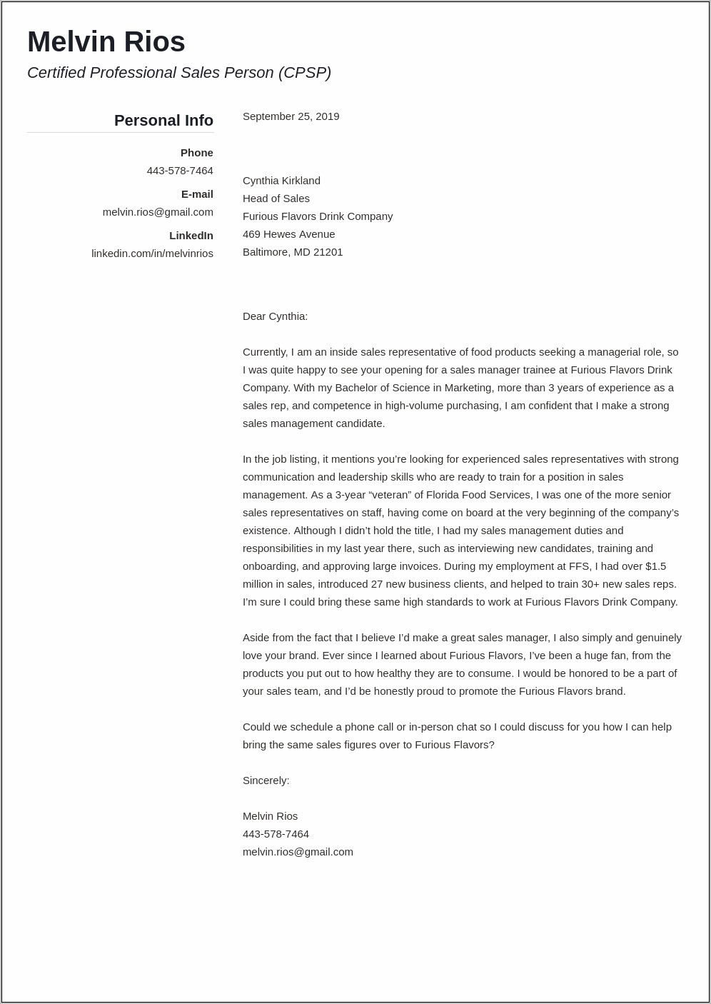 Medical Sales Representative Resume Cover Letter