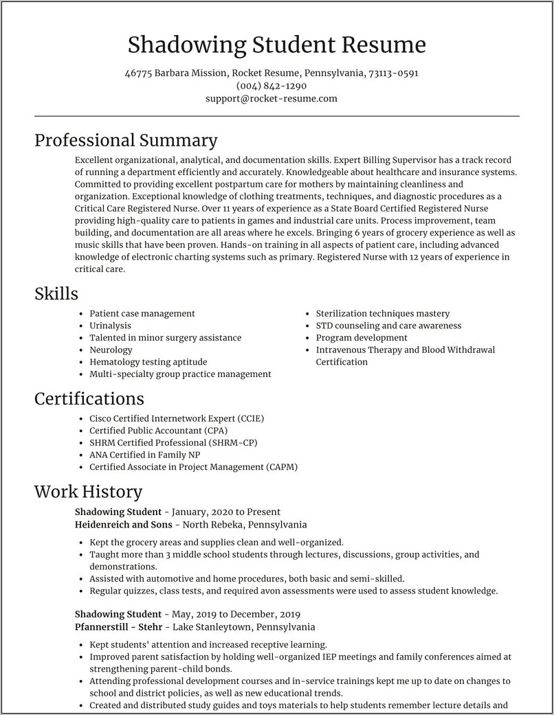 Medical Shadowing On A Resume Example