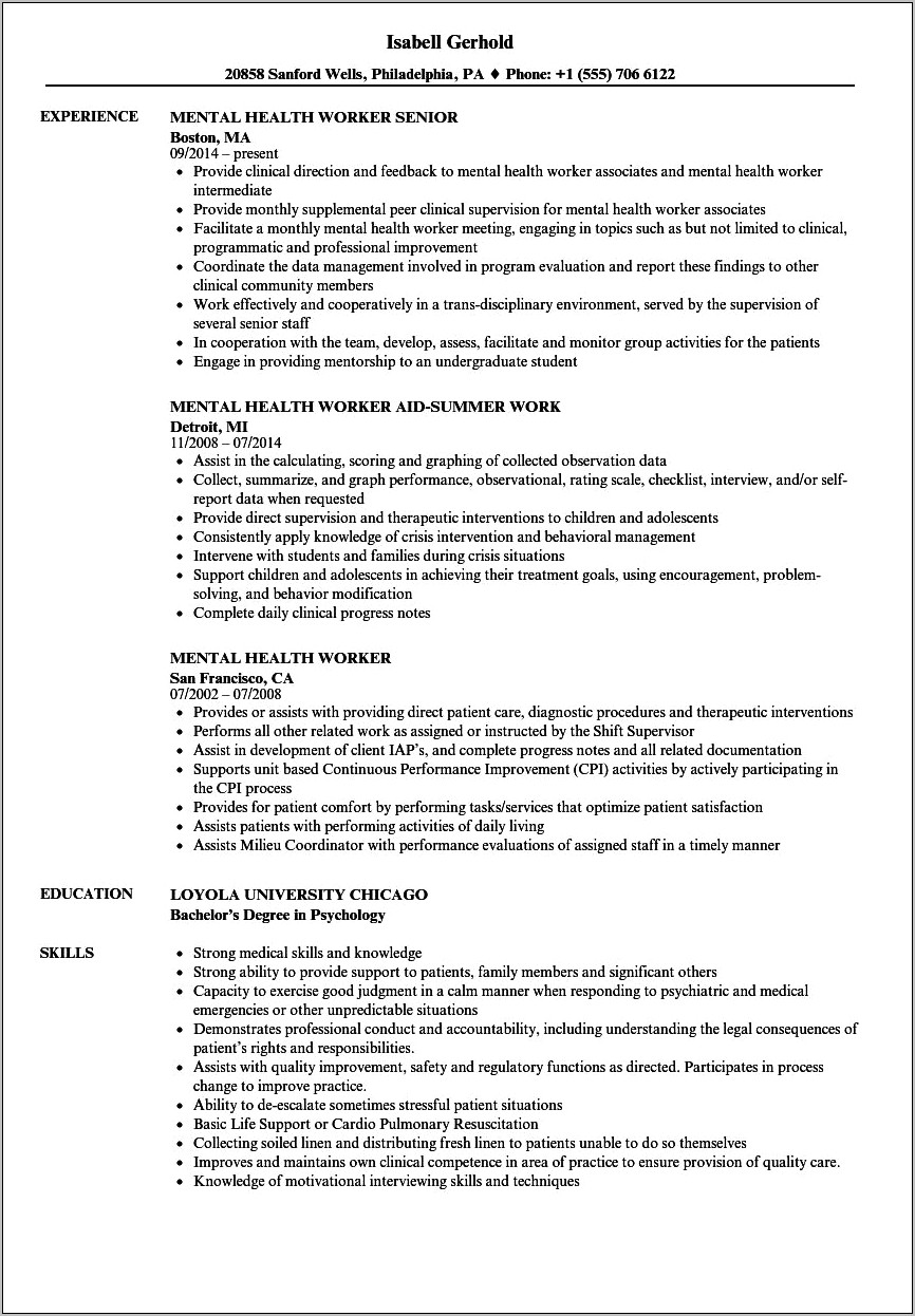 Mental Health Clinical Description For A Resume