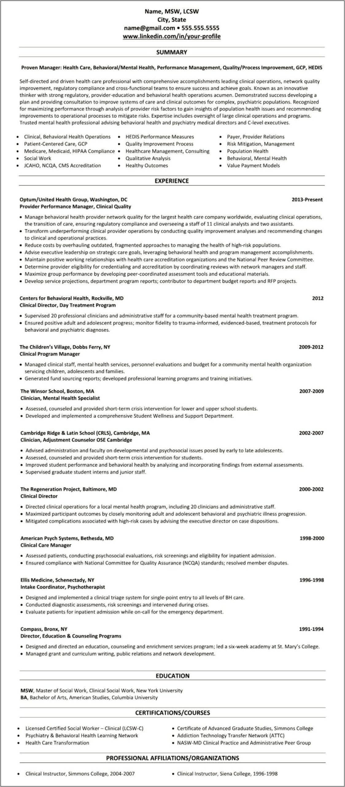 Mental Health Professional Summary For Resume