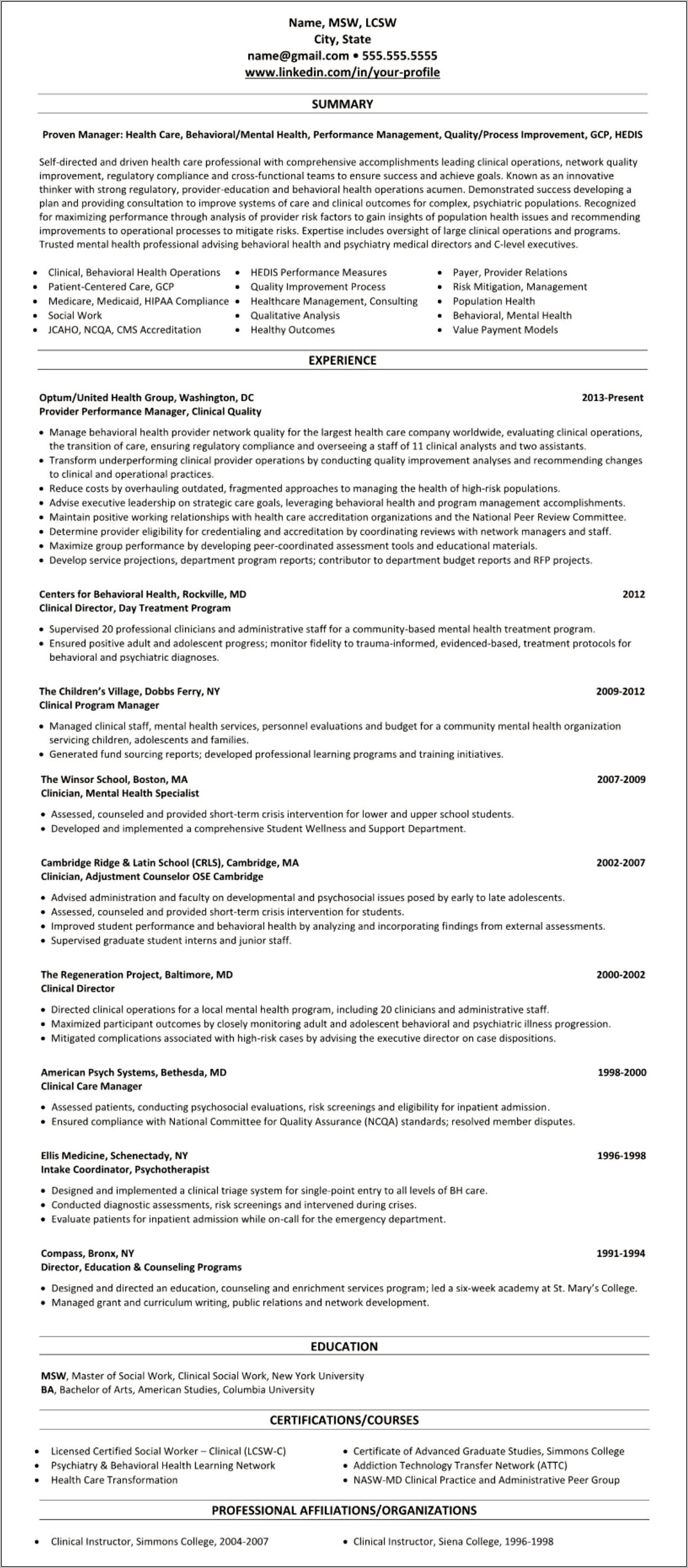 Mental Health Professional Summary For Resume