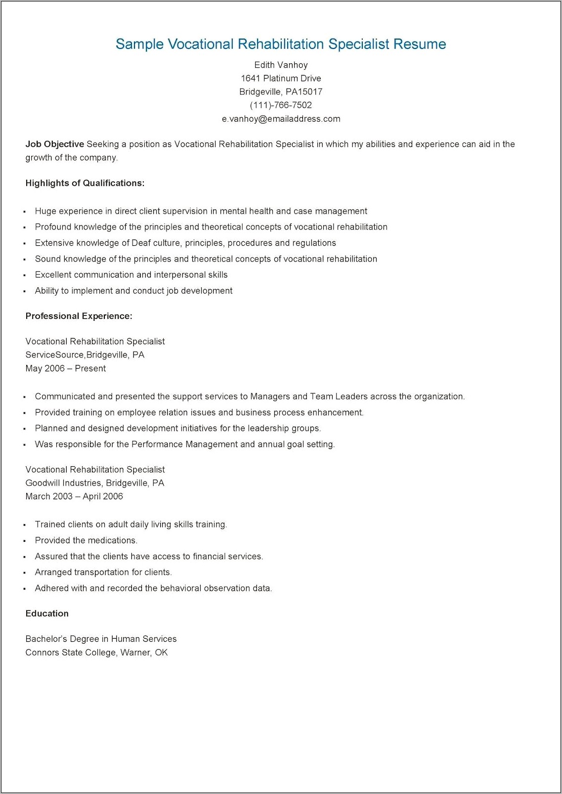 Mental Health Specialist Job Description For Resume
