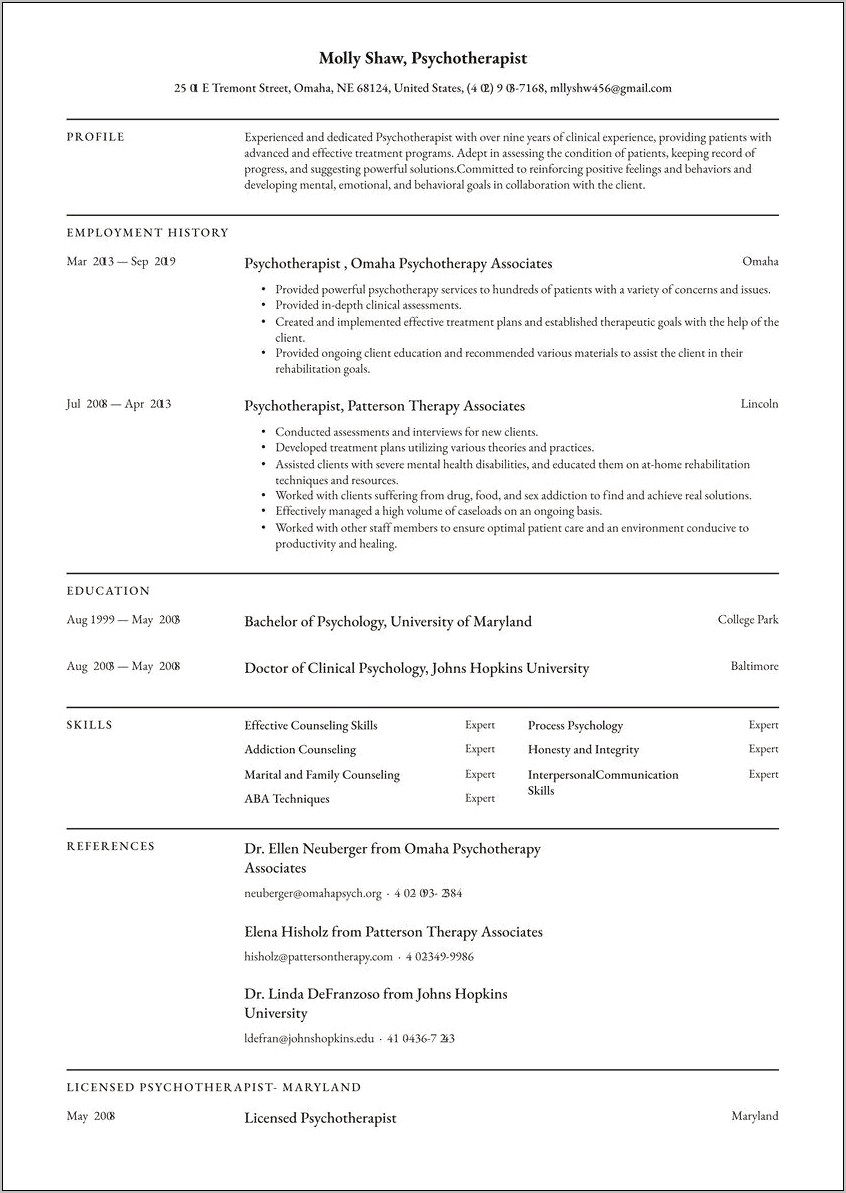 Mental Health Therapist Summary For Resume