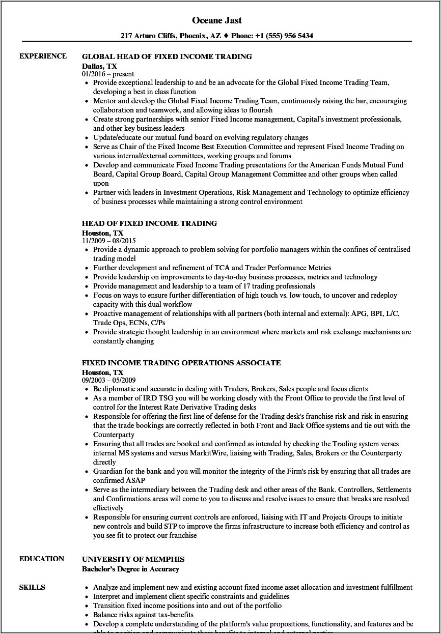 Mergers And Inquisitions Sales And Trading Resume Template