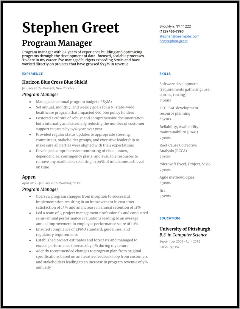 Mid Career Program Manager Resume Example