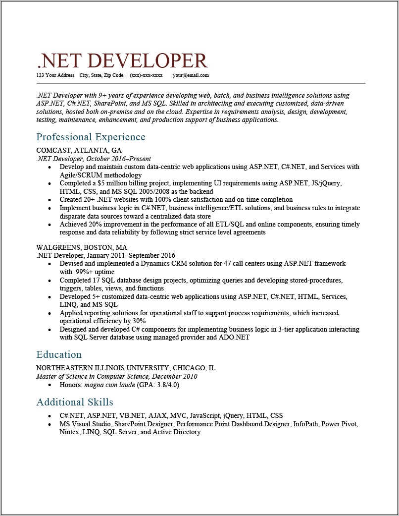 Mid Level Net Developer Resume Sample
