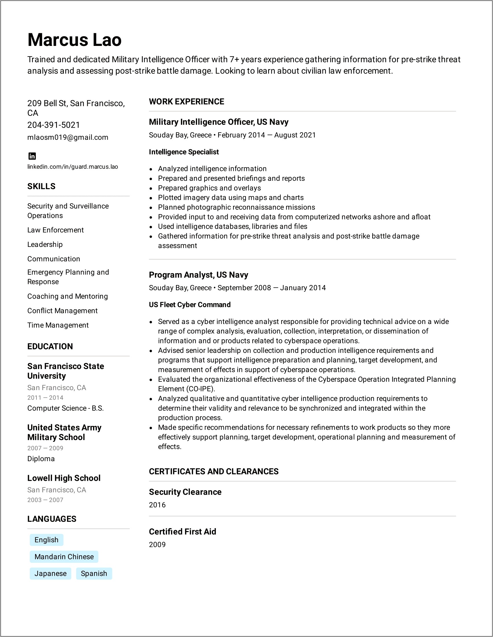 Military Experience To Civilian Resume Examples