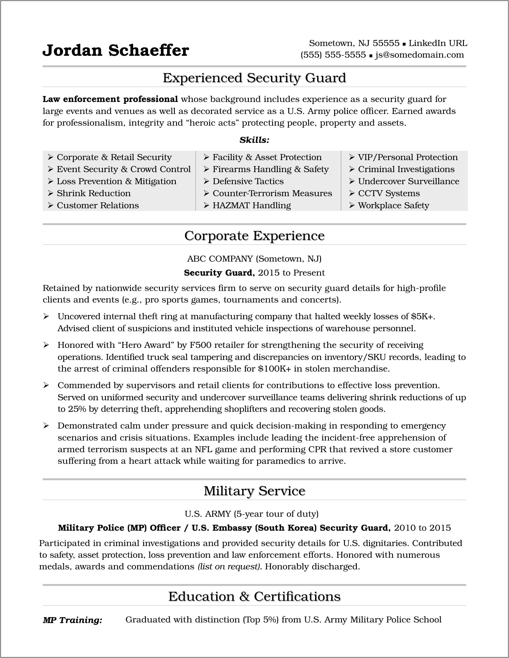 Military Police Job Description Resume