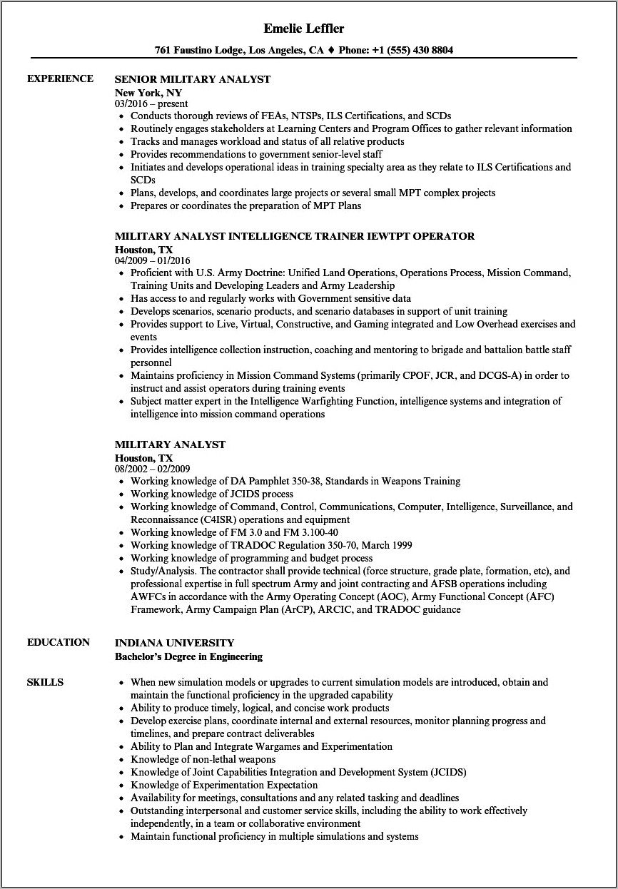 Military To Civilian Resume Examples Infantry