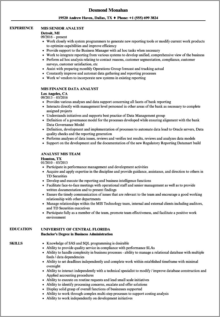 Mis Executive Resume Format In Word Download