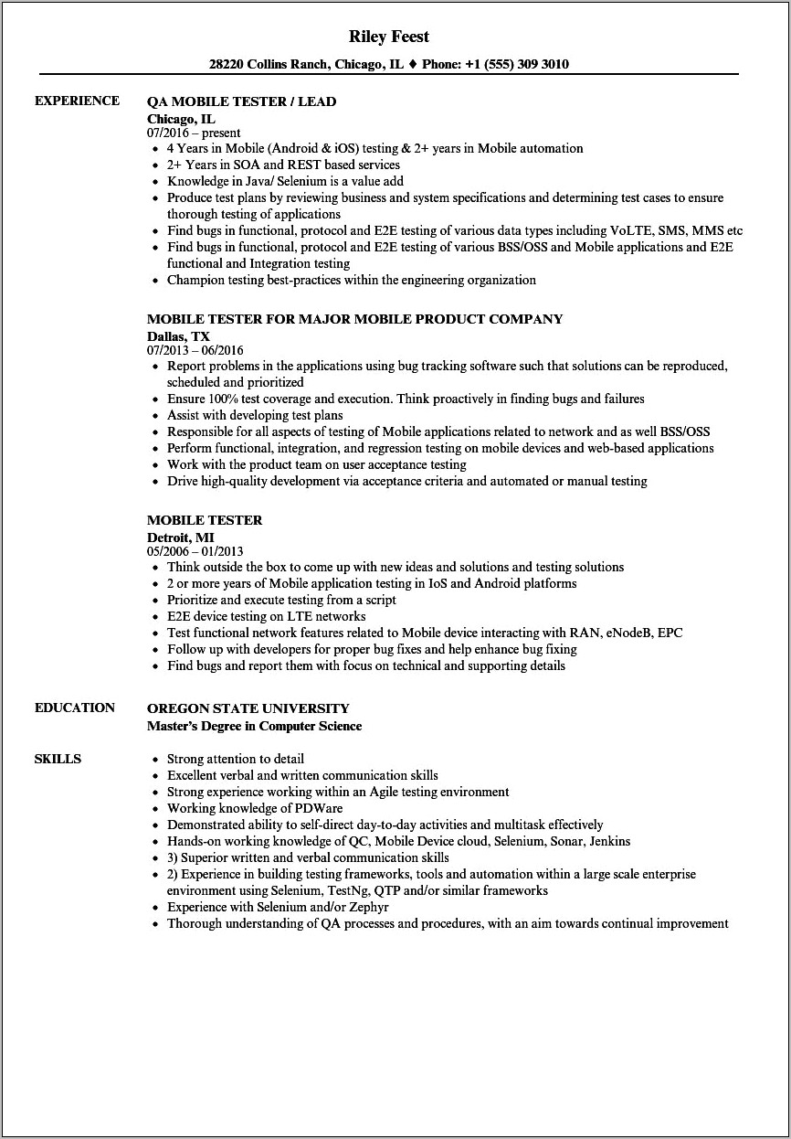 Mobile Testing Resume 2 Years Experience
