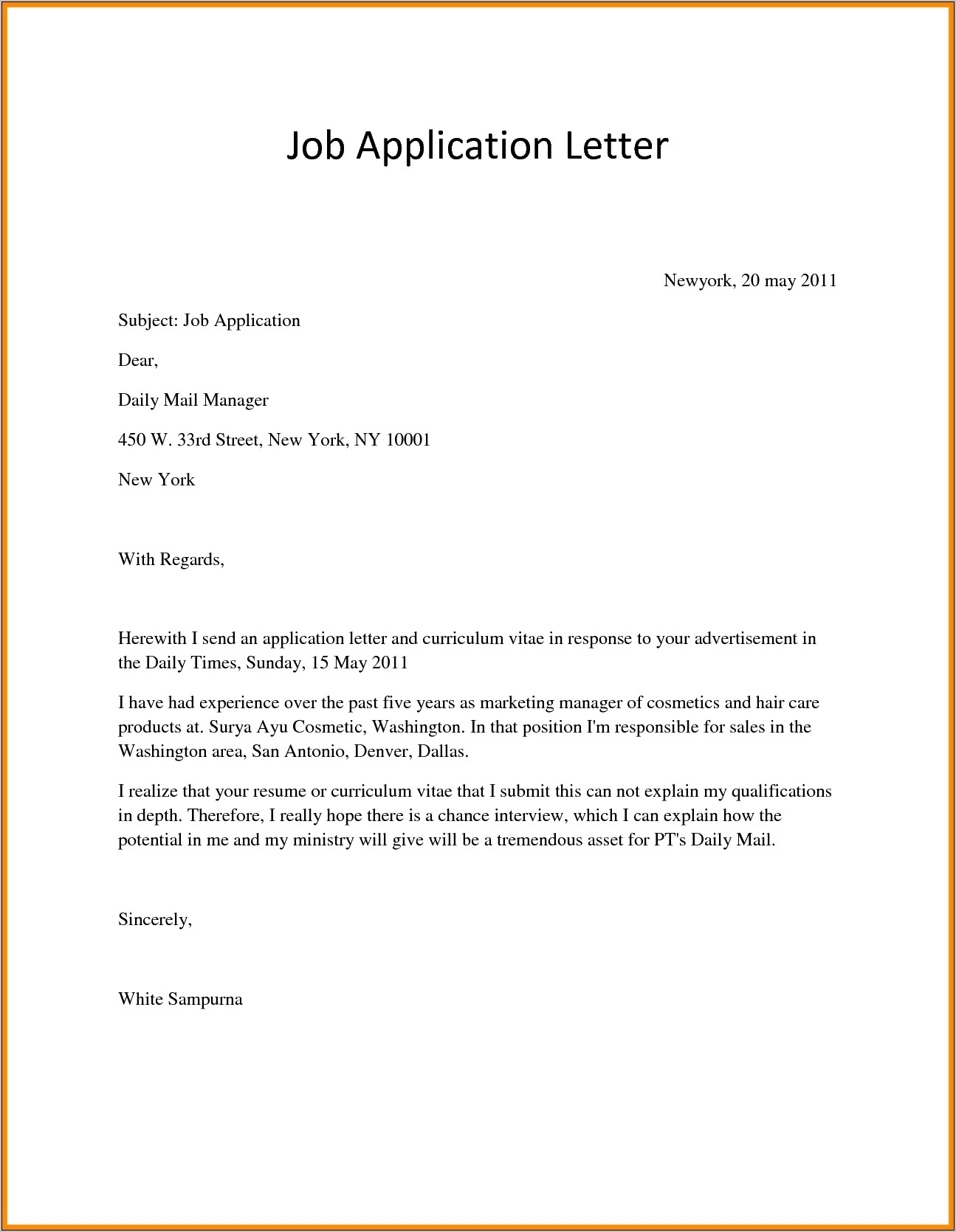 Model Letter Of Application With Resume