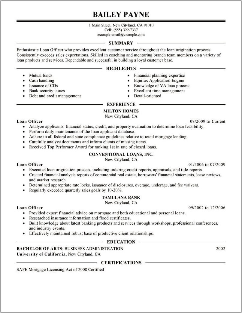 Mortgage Loan Officer Resume For Year Experience