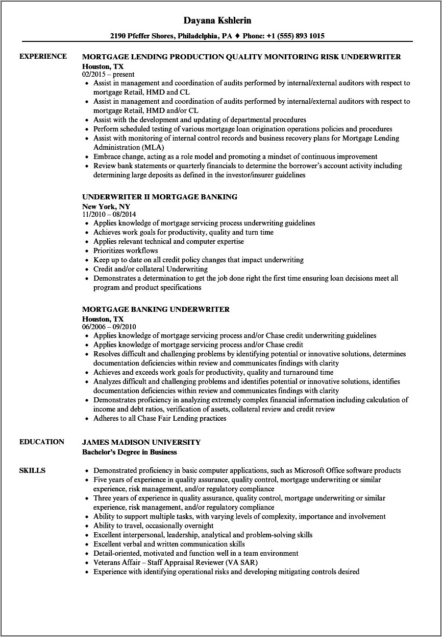 Mortgage Loan Underwriter Job Description For Resume