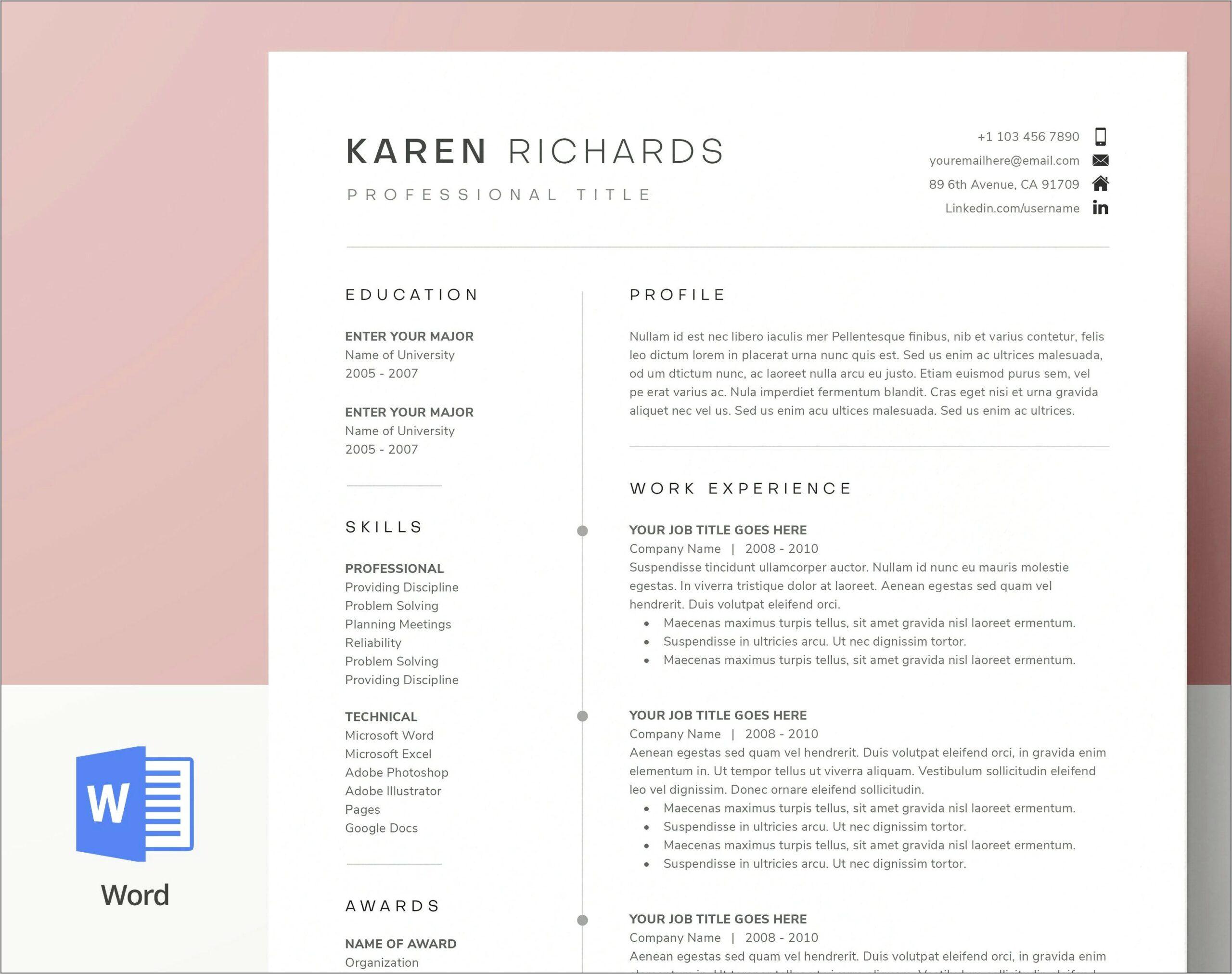 Ms Word Two Page Resume Template