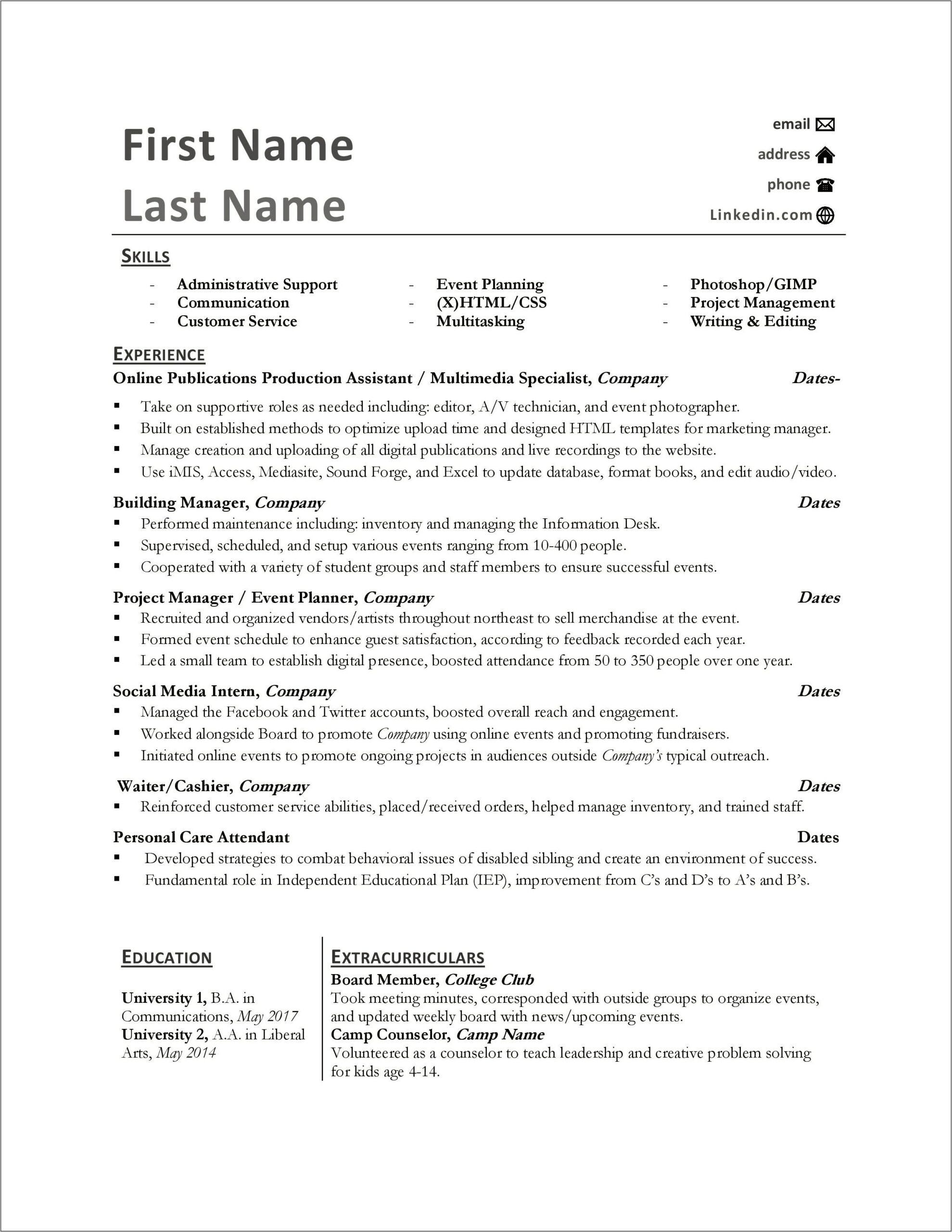Multiple Positions At One Company Sample Resume