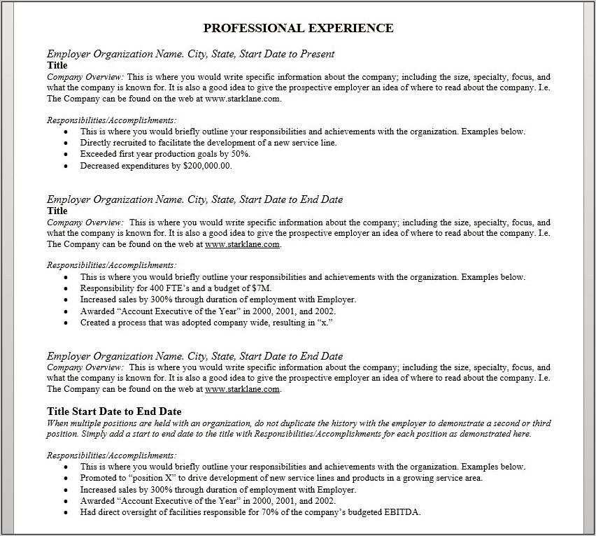 Multiple Positions In Same Company Resume Work Experience